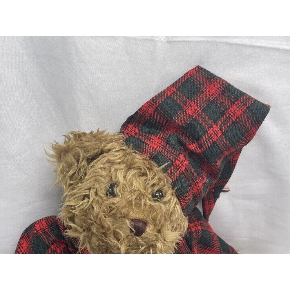 Vintage Teddy Bear in Plaid PJ bunny slippers sleeping cap red Stuffed Animal